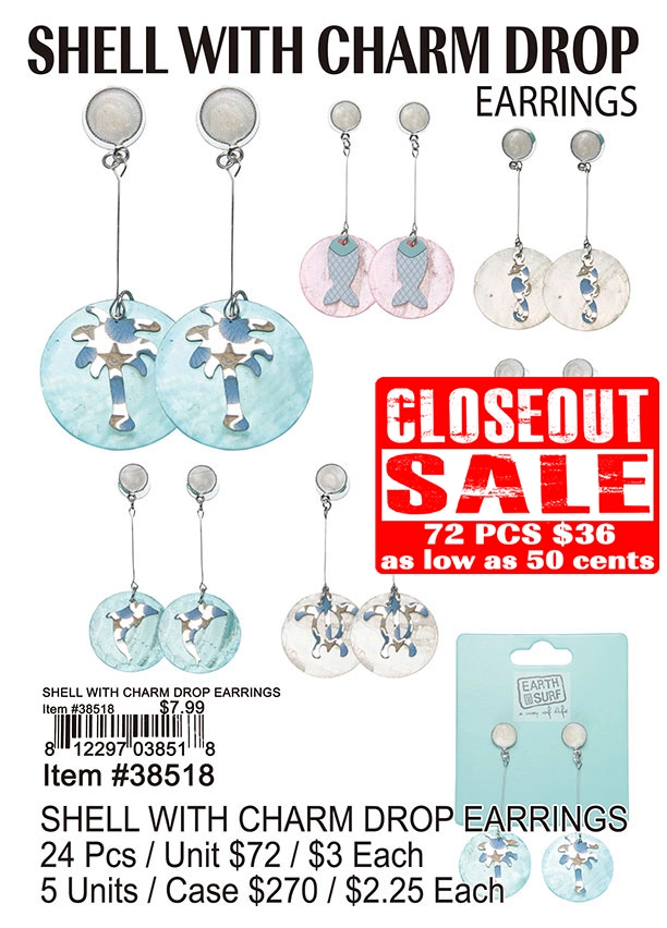 Shell With Charm Drop Earrings - Closeout 72 Pcs.